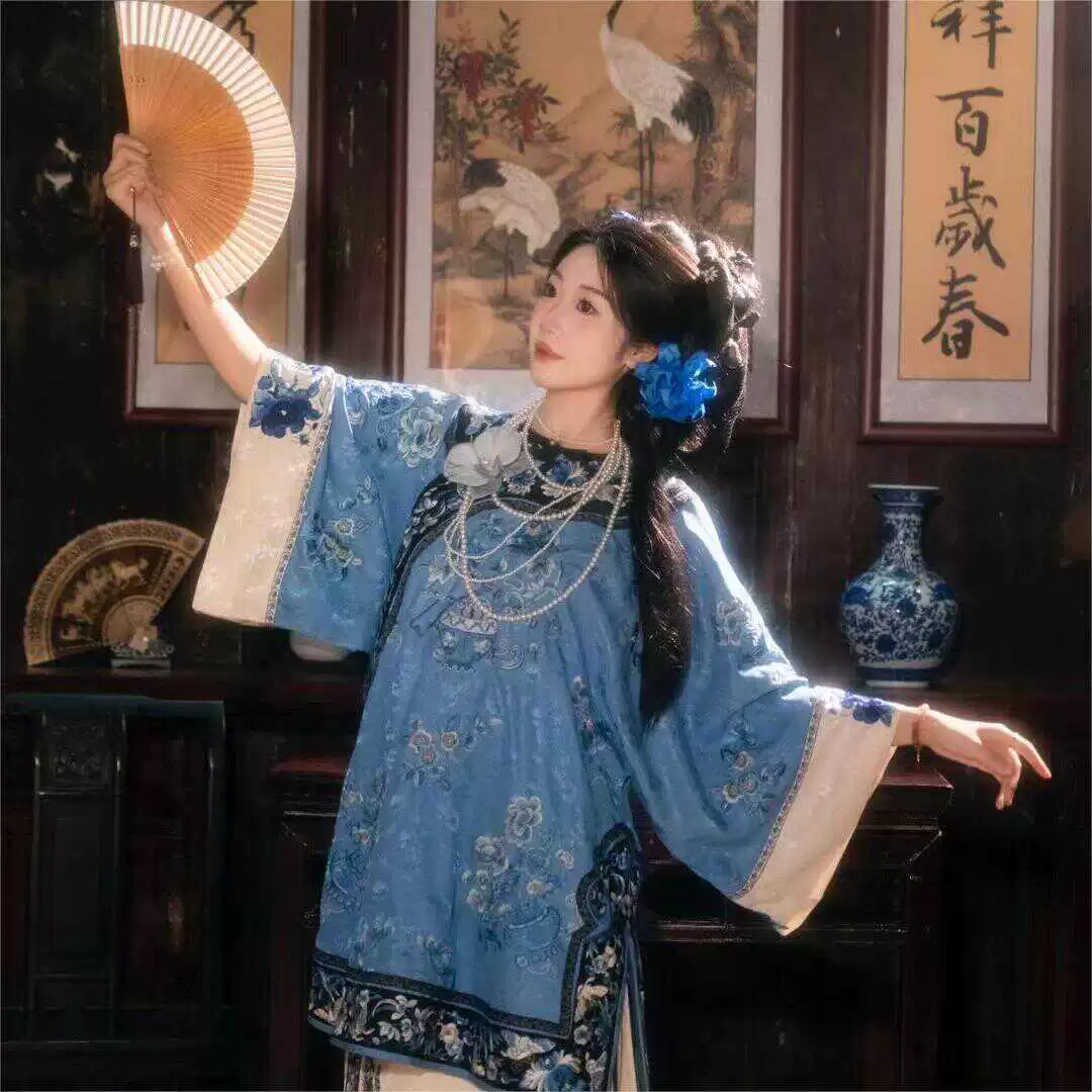 Цинханьская женщина Цзиньшан молодая бабушка фотокостюм с круглым вырезом косой куртка конская юбка Цин одежда Геге флаг синий