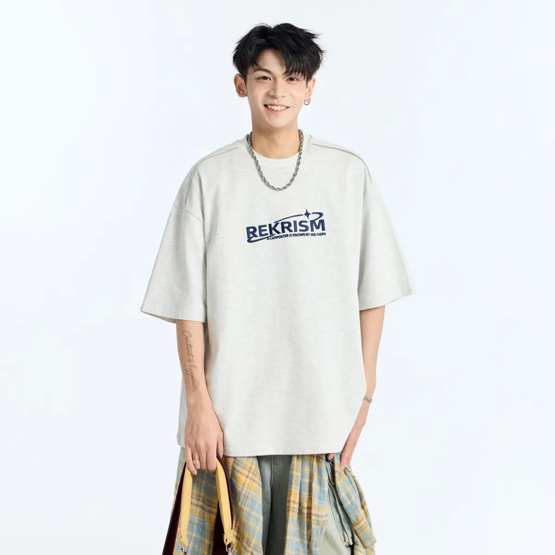 アルファベット刺繍半袖tシャツ男子夏の薄手の丸首五分袖上着の潮牌ゆるい半袖|undefined