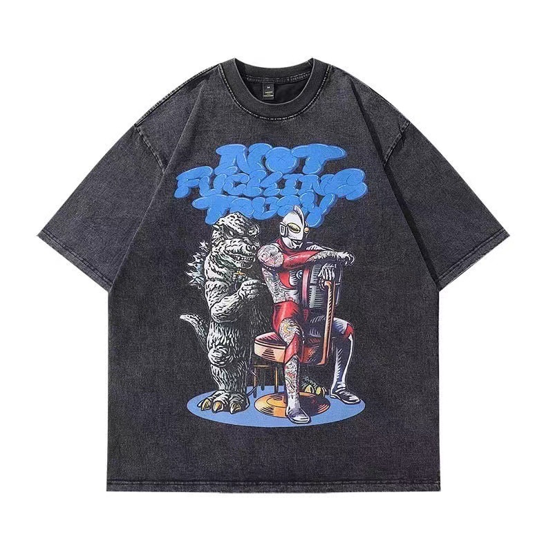 LAZADA印花水洗半袖T恤男女美式街头潮牌做旧短袖t恤wish批发透气