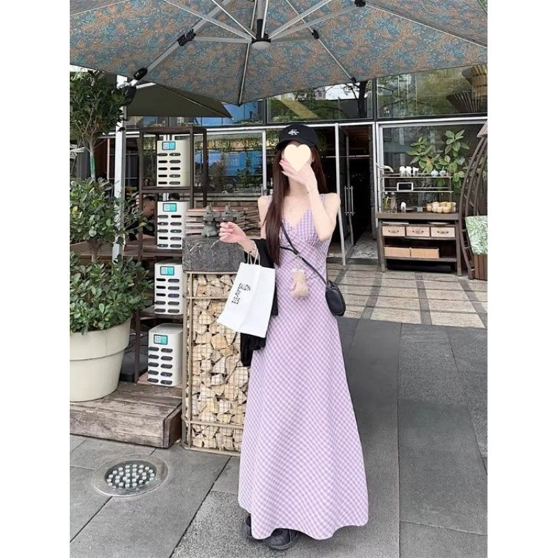甜辣妹碎花V领无袖连衣裙女2025新款夏季收腰显瘦chic背心裙长裙|undefined