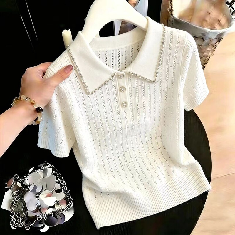 French-Style Heavy-Duty Rhinestone-Embellished Lapel Knit Shirt for Women, Summer Hollow-Out Design Short-Sleeve Polo Shirt Top for Women French-Style Heavy-Duty Rhinestone-Embellished Lapel Knit Shirt for Women, Summer Hollow-Out Design Short-Sleeve Polo Shirt Top for Women