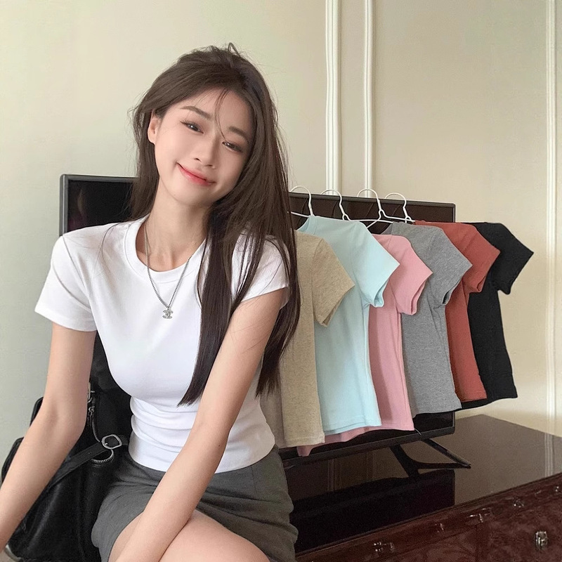 Cross-Border Korean Style Black Round Neck Right Shoulder Short-Sleeved T-Shirt for Women Summer New Style Slim Slim Short Top for Small People