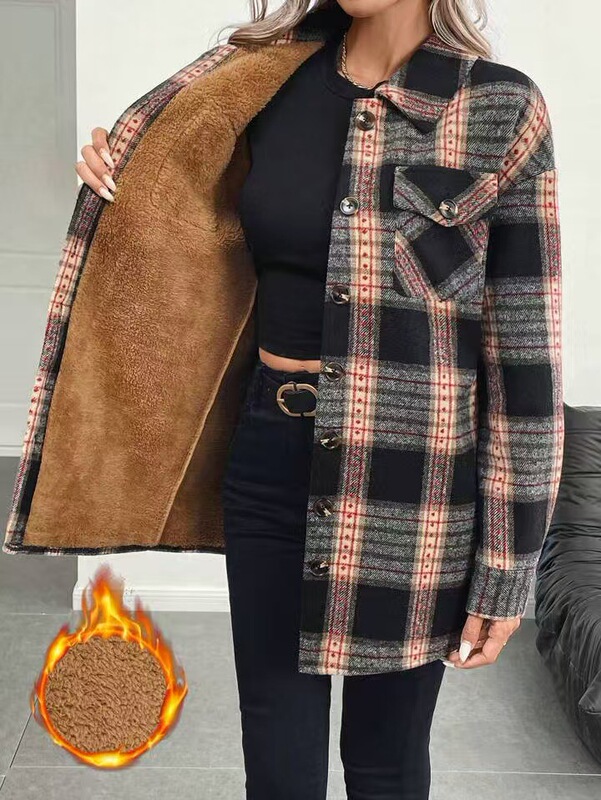 欧美跨境热销爆款格子复合毛绒休闲女士秋冬保暖外套独立站速卖通|undefined