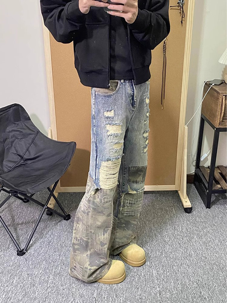 American Retro Fake Two-piece Jeans Design Sense Premium Camouflage Splicing Ripped Men's Cleanfit Straight Pants_viptrois.com