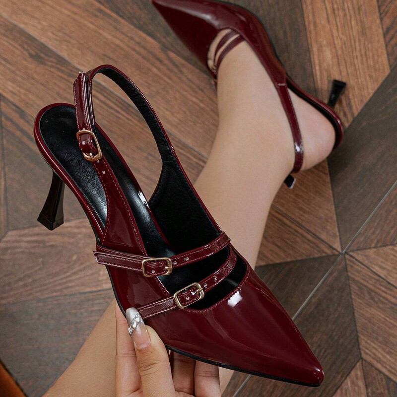 High-End Arc De Triomphe Style Mary Jane Sandals for Women, New Model 25, Pointed Toe, Thin Kitten Heel, Single Strap, Open Back, Mid-Heel