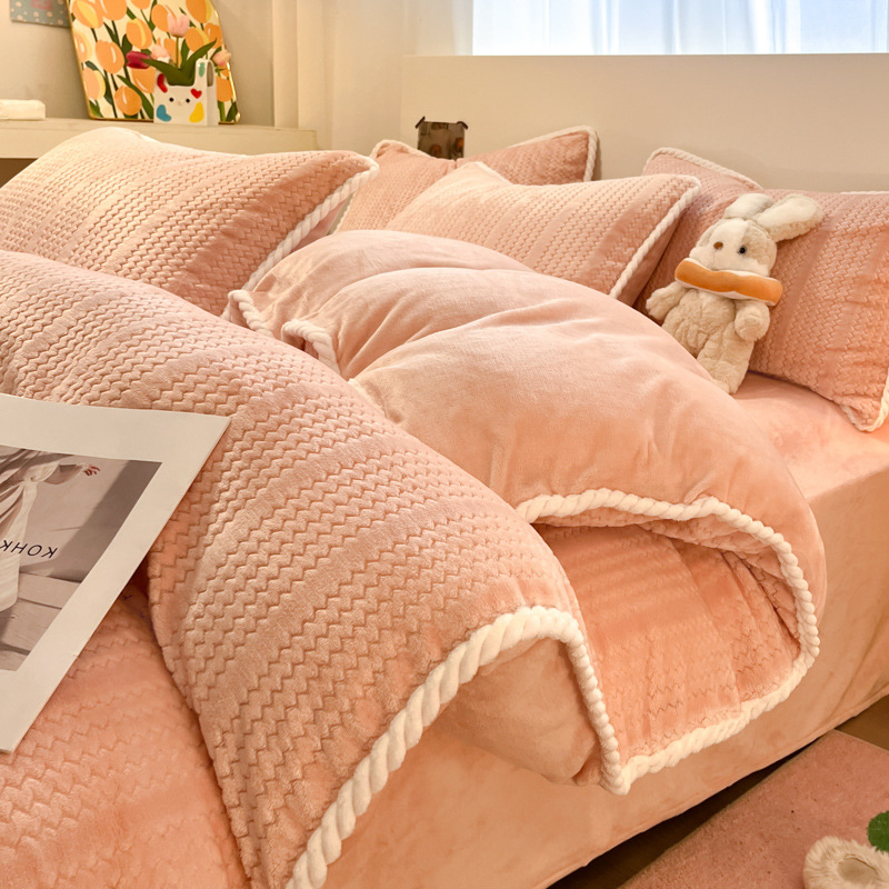 加厚提花牛奶绒床上四件套双面加绒法兰珊瑚绒被套床单三件套轻奢