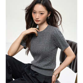 100%棉针织衫女夏季新款气质高级感显瘦麻花显瘦短袖圆领上衣薄款