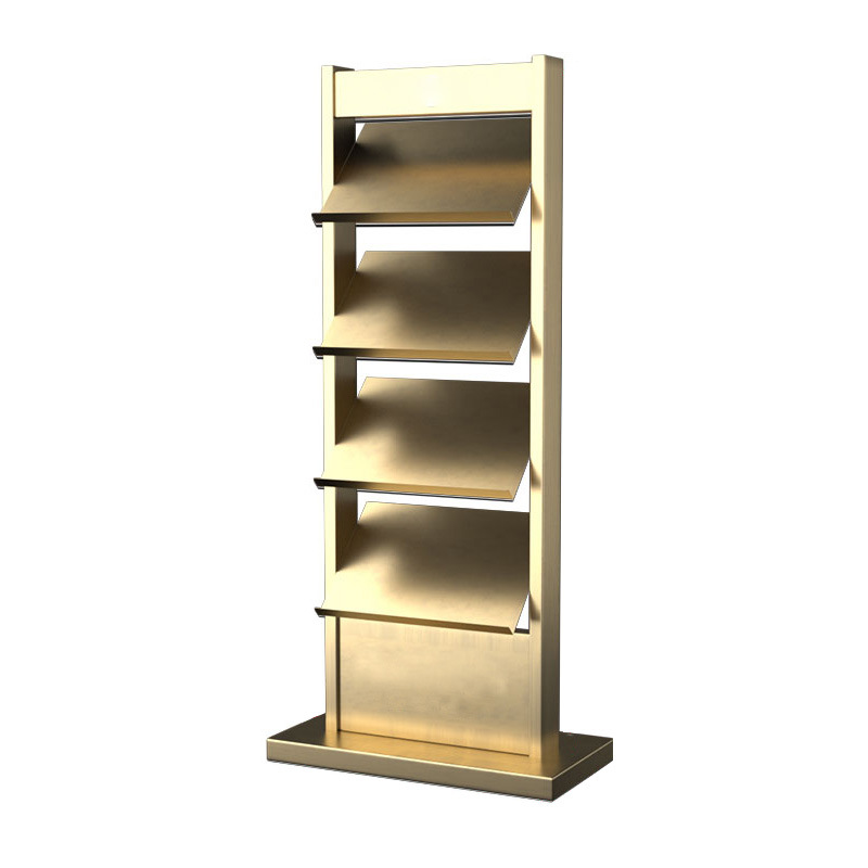 Expositor de información para la oficina de ventas de Shanghái, soporte vertical promocional de pie, expositor de revistas y periódicos de acero inoxidable con logotipo impreso, soporte de exhibición.