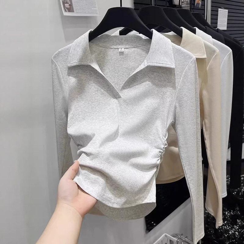 2025早秋正肩polo领长袖t恤衫女设计感褶皱收腰显瘦百搭打底上衣|undefined