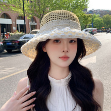 编织赫本风蕾丝系带镂空草帽子女夏季大帽檐防晒遮阳帽沙滩太阳帽