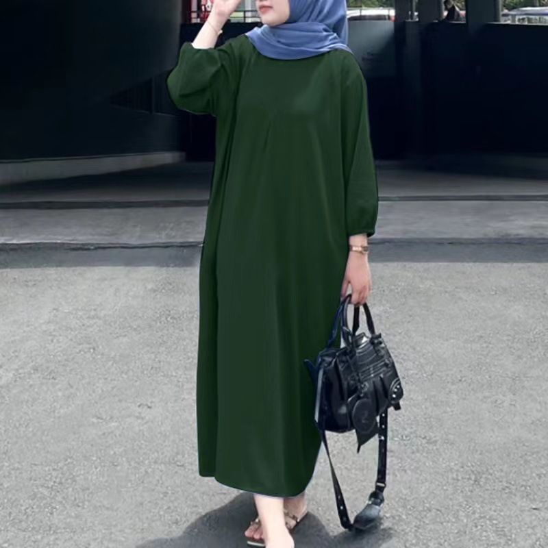 Cross-border Middle Eastern Muslim New Women's Puff Sleeve Solid Color Vest Robe, Ladies' Casual Loose Long Dress In_ecoleips.com