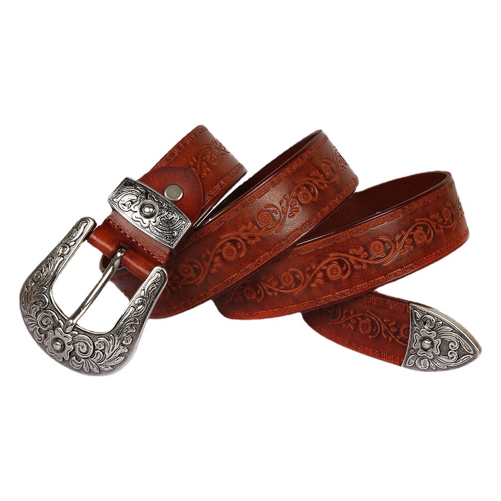 Estilo Mongol de los hombres en relieve cinturón curtido vegetal primera capa de piel de vaca neutral estilo étnico cinturón personalizado tallado cinturón de moda