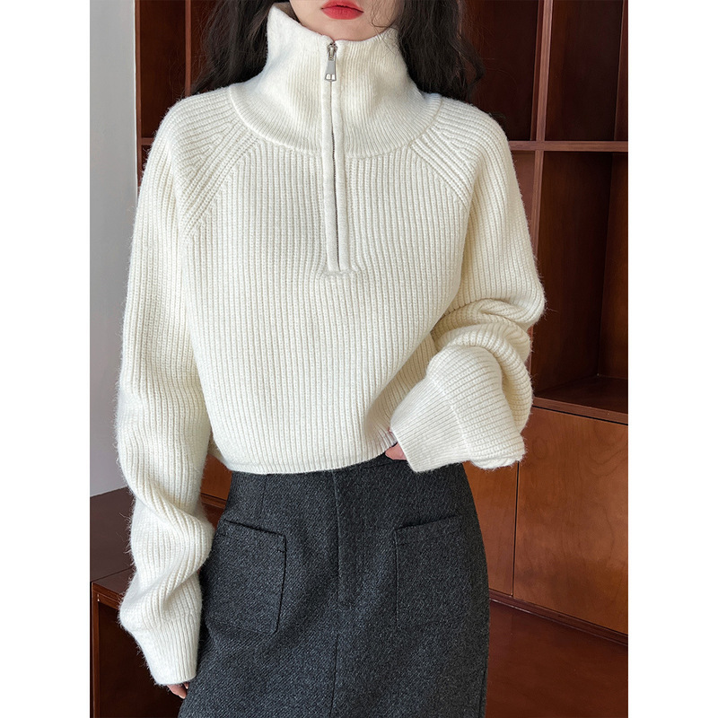 New Autumn and Winter High-Waisted Sweater with Loose Design, High Collar, Zipper, Short Sleeves, Solid Color Knitwear, Short Style, Women's Pullover New Autumn and Winter High-Waisted Sweater with Loose Design, High Collar, Zipper, Short Sleeves, Solid Color Knitwear, Short Style, Women's Pullover