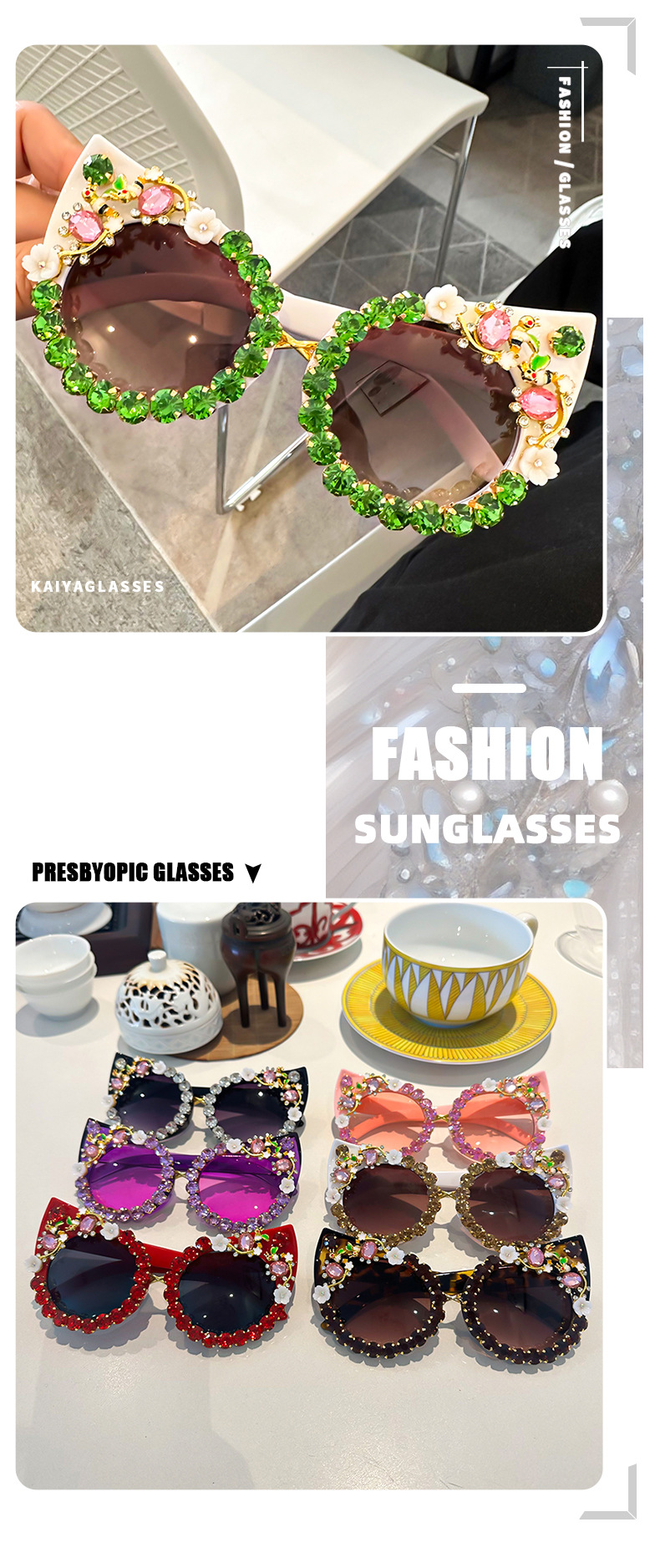 Cat Eye Sunglasses For Women Retro Large Frame Diamond Embellished_voghion.com