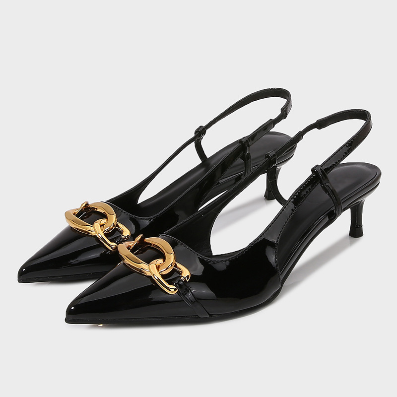 ZA2025 Spring New Women's Shoes Black Chain Ornament Cat Heeled Shoe Pointed Shallow High Heeled Cool Shoes