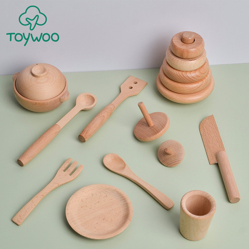 Yiwang wooden play house kitchen toys log cooking toys beech wood tableware pan wok