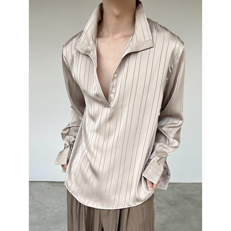 2026 Versatile French-Style Lazy Striped Long-Sleeve Satin Shirt Men's Pullover Shirt Old Money Style Casual Top
