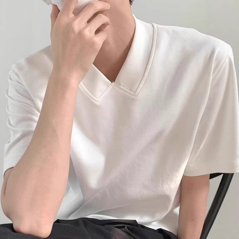 Factory Direct Supply V-Neck T-Shirt Boyfriend Style Loose Short-Sleeve Sweatshirt Niche Design Shirt Collar Patchwork Half-Sleeve Top