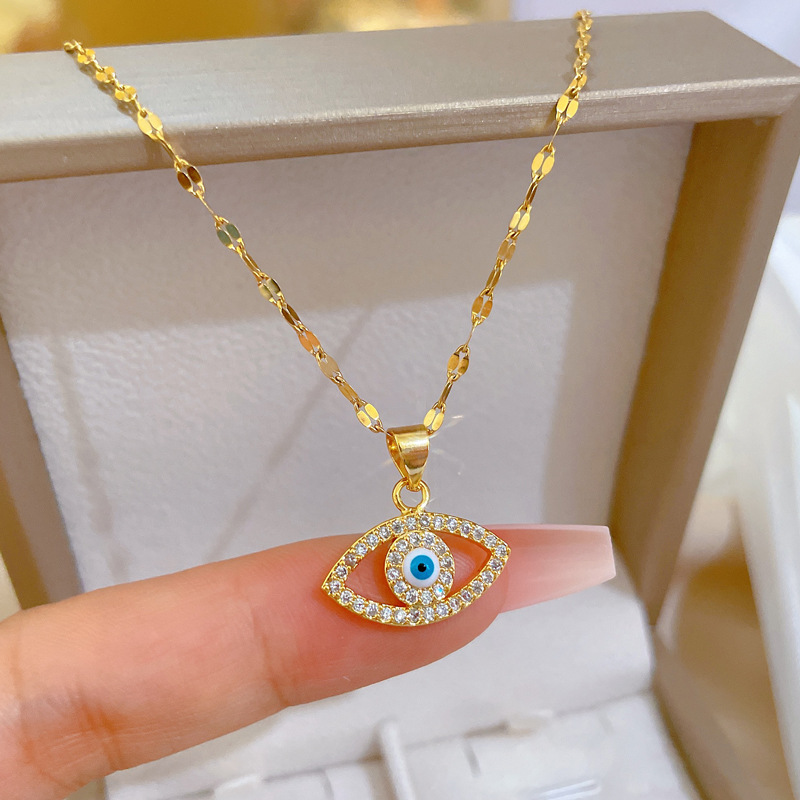 Retro Devilu0027S Eye Stainless Steel Copper Inlay Rhinestones Necklace