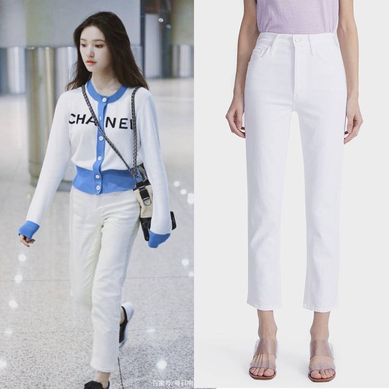 2025년 봄 신상품 MO008 유럽 및 미국 스타일 MO 순백색 하이웨이스트 신축성 9부 스트레이트 데님 팬츠 여성용