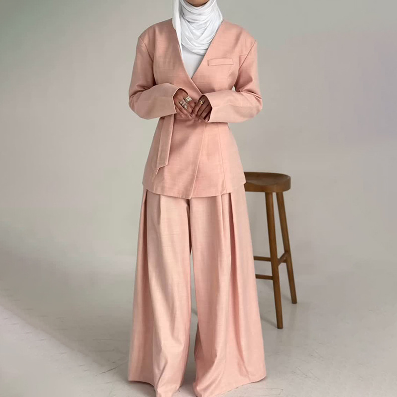 GraceChic Modischer Freizeitanzug für Damen 2025: Neuer Blazer mit V-Ausschnitt, langen Ärmeln und Bindeband + hochtaillierte, gerade geschnittene Hose mit weitem Bein._voghion.com