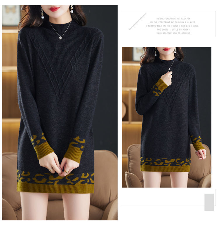 [Cashmere Family] Mittellanger bis langer Pullover aus Wollbasis für Mütter, Wollkleid, lockerer und dicker Jacquard-Strick für Damen_voghion.com