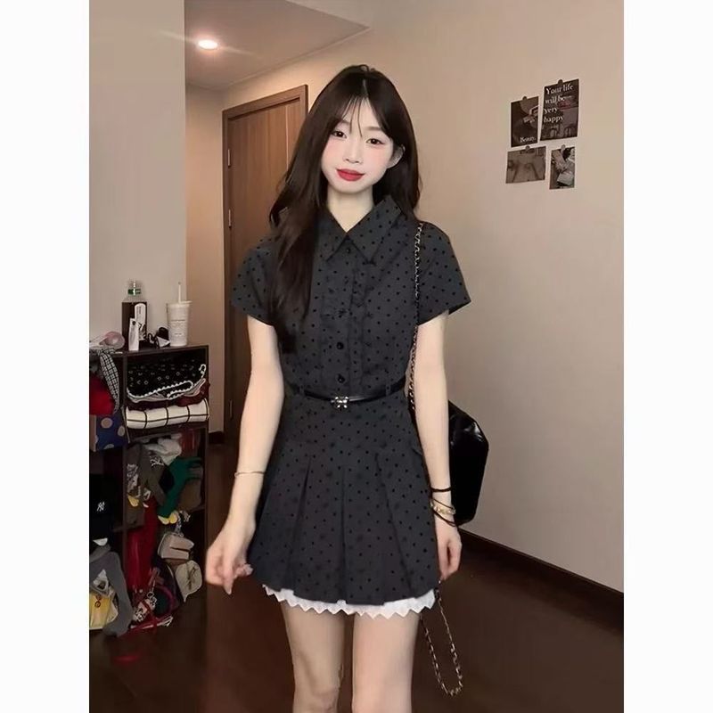 韩系学院风波点连衣裙女春夏新款蕾丝拼接收腰显瘦a字短裙|undefined