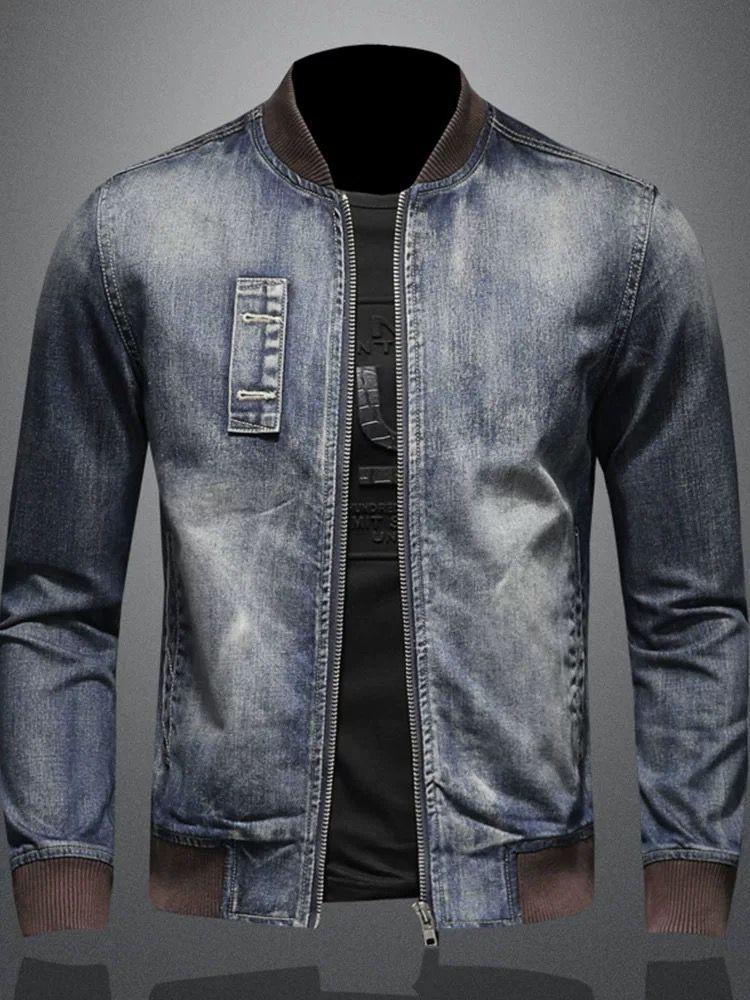 Men's Denim Jacket Retro Slim Fit Stand Collar Zip-Up Workwear Coat For Motorcycle Riding & Casual Wear (Blue, S-3XL)_voghion.com