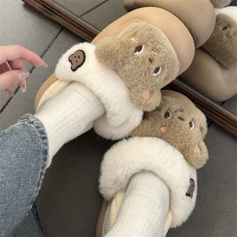 可爱小熊棉拖鞋女冬季加绒雪地靴外穿防滑保暖家居棉鞋女保暖棉拖