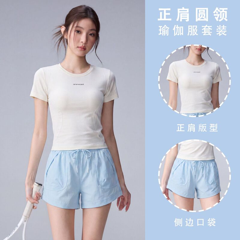 Round-neck, straight-shoulder yoga set for women, slimming, breathable, sweat-absorbent, fitness training, Pilates sports two-piece set for women