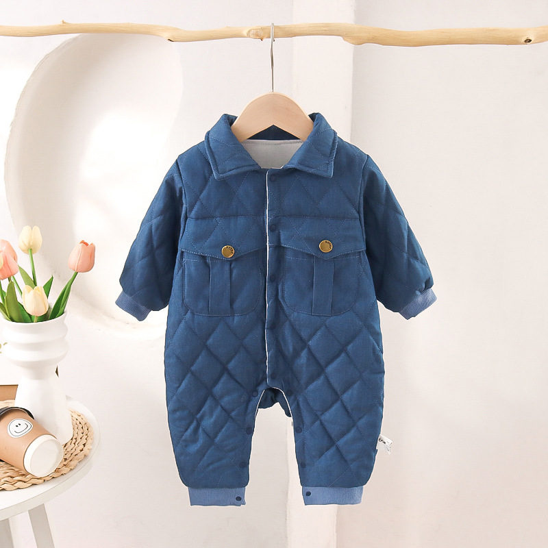 Bebé escalada Otoño e Invierno ropa de una sola pieza acolchado engrosado Denim mameluco hombres y mujeres bebé algodón cálido mameluco