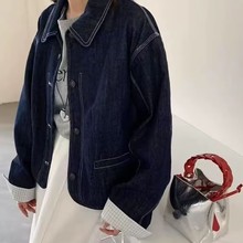 港风格子拼接娃娃领牛仔外套女短款2025春秋季小个子休闲立领上衣