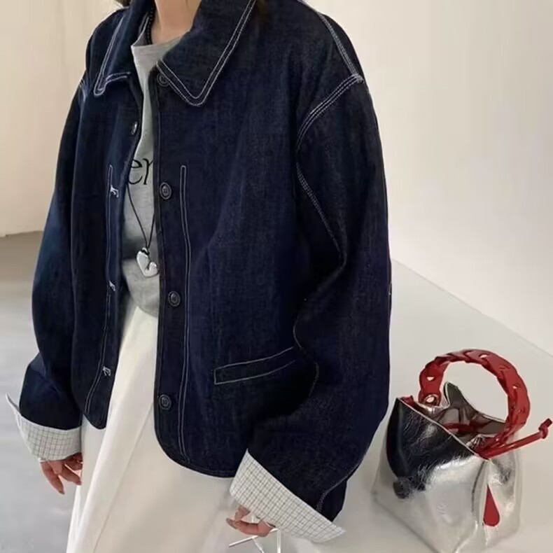 港风格子拼接娃娃领牛仔外套女短款2025春秋季小个子休闲立领上衣