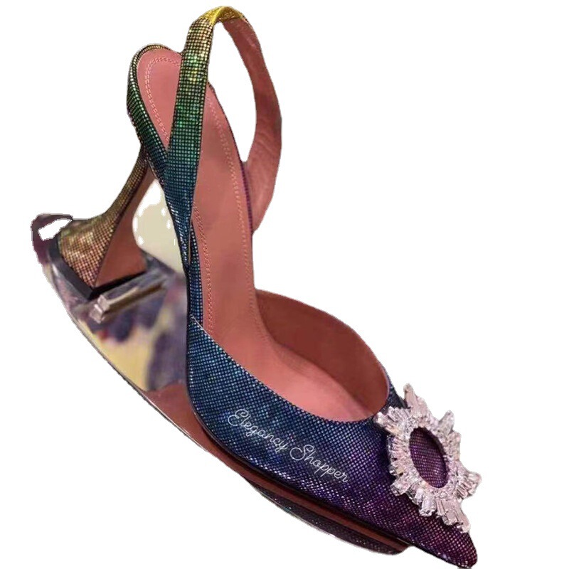 Europe and the United States New Sun buckle rhinestone slippers glass with pointed high heel large size export a generation of women's shoes