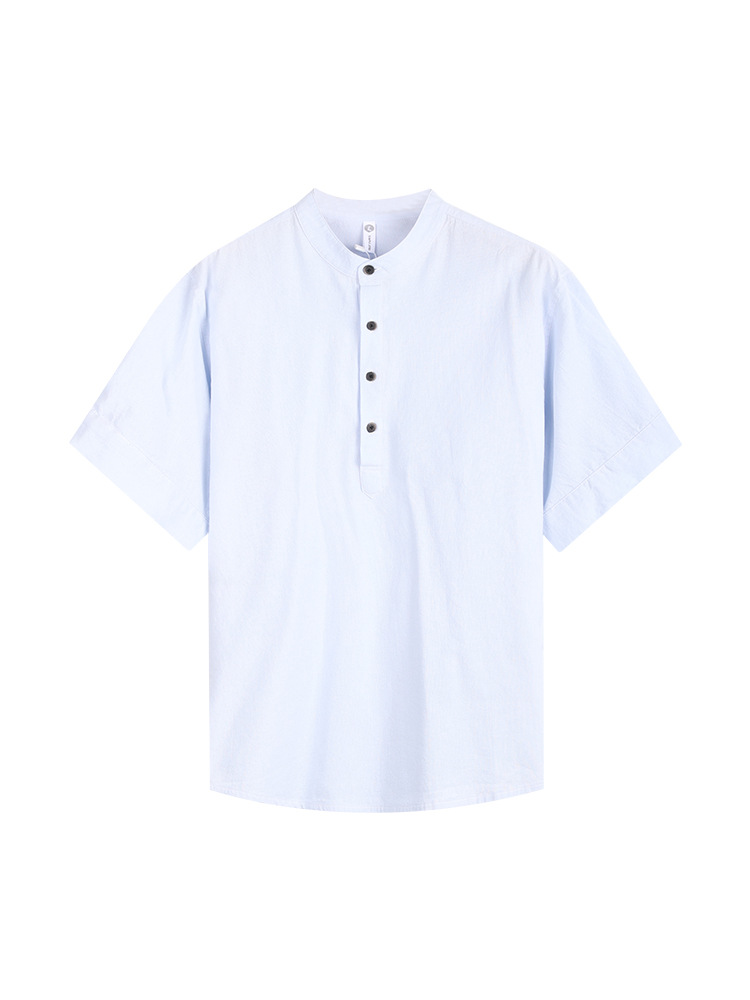 Camisa de hombre de manga corta con cuello Henry de algodón pesado, ropa de hombre suelta, marca de moda de verano para hombre, camisa casual de alta gama, verano para hombre