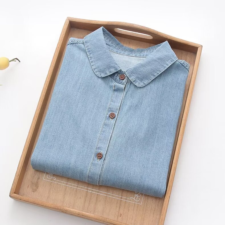 Korean style spring new small yuan collar solid color washed Denim shirt Women's cardigan wholesale