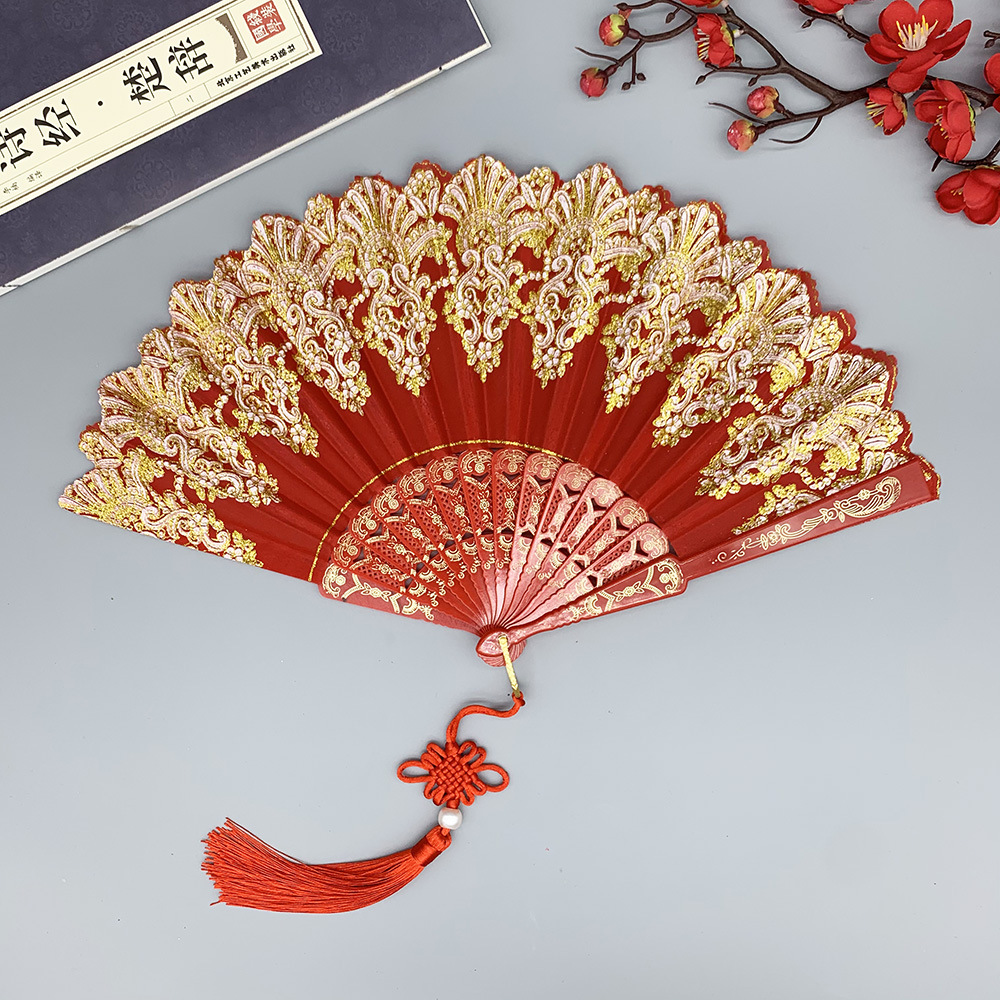 古风折扇祥云纹塑料折叠扇女士舞蹈流苏扇子中国风布面表演道具扇-阿里巴巴