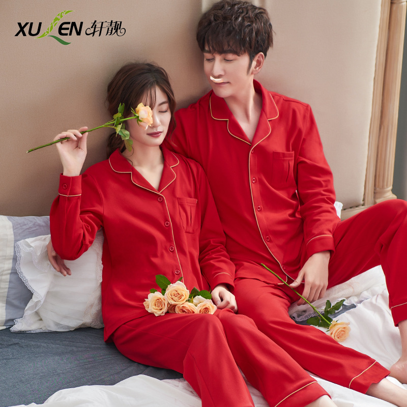 Couple Pajamas Spring and Autumn 100 Pure Cotton Men and Women Bride Wedding Big Red Home Clothes Long Sleeve Suit