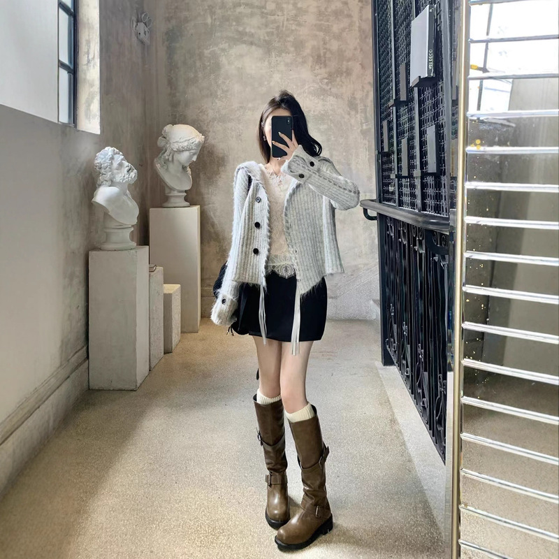 高级羊毛毛衣大翻领短款外套慵懒风针织开衫女|undefined