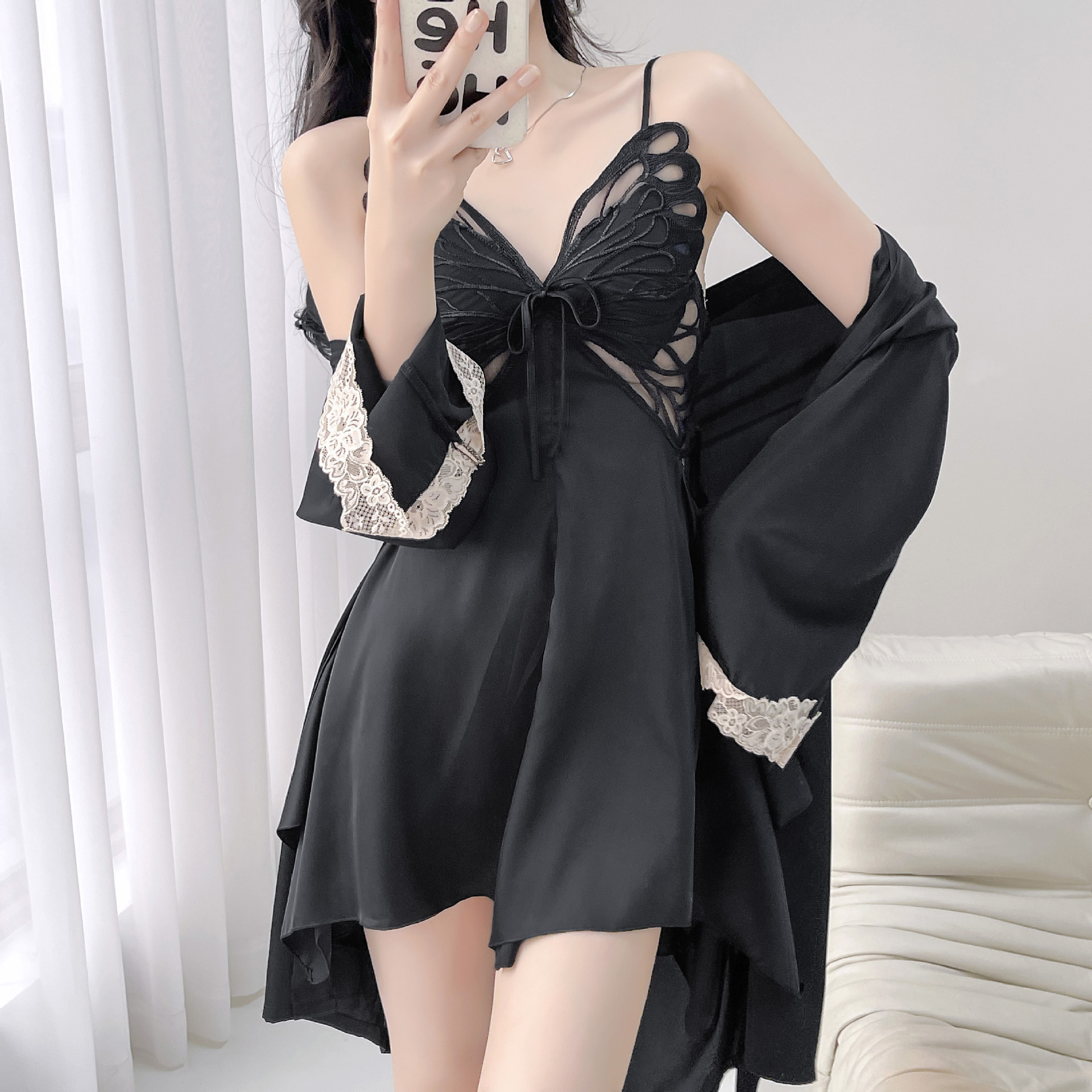 2026 Sexy Ice Silk Set for Women, Spring and Summer Thin Cool Pure Desire Style Home Wear Robe Nightdress Wholesale