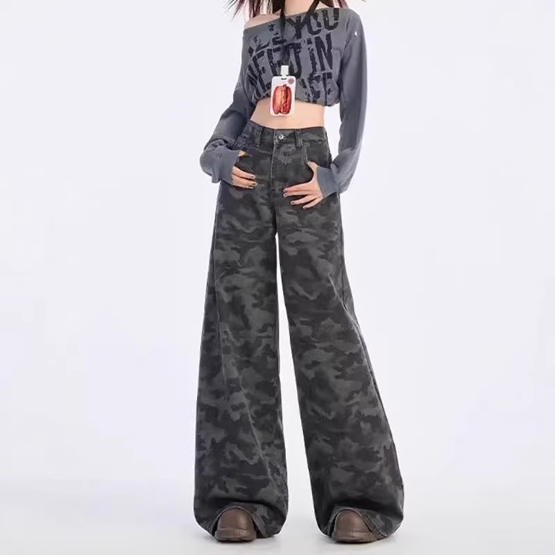 American Retro Camouflage Workwear Jeans for Women 2026 New Style Petite Loose Wide-Leg Drapey Straight Floor-Length Pants