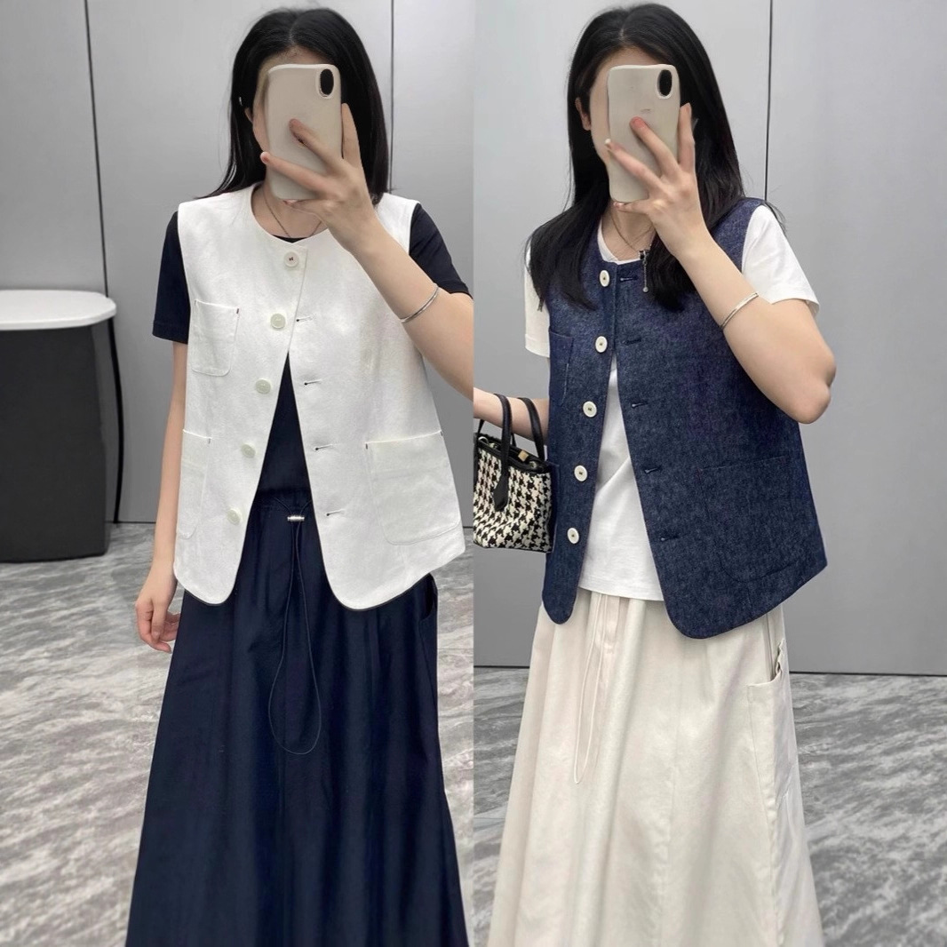 2025 Summer and Autumn French Old Money Wind and Rain Linen Contrast Color Red Label Retro High-End Vest Women's 25 Spring and Summer New