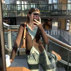 设计感假两件撞色长袖针织衫女早秋辣妹修身小众上衣复古打底衫