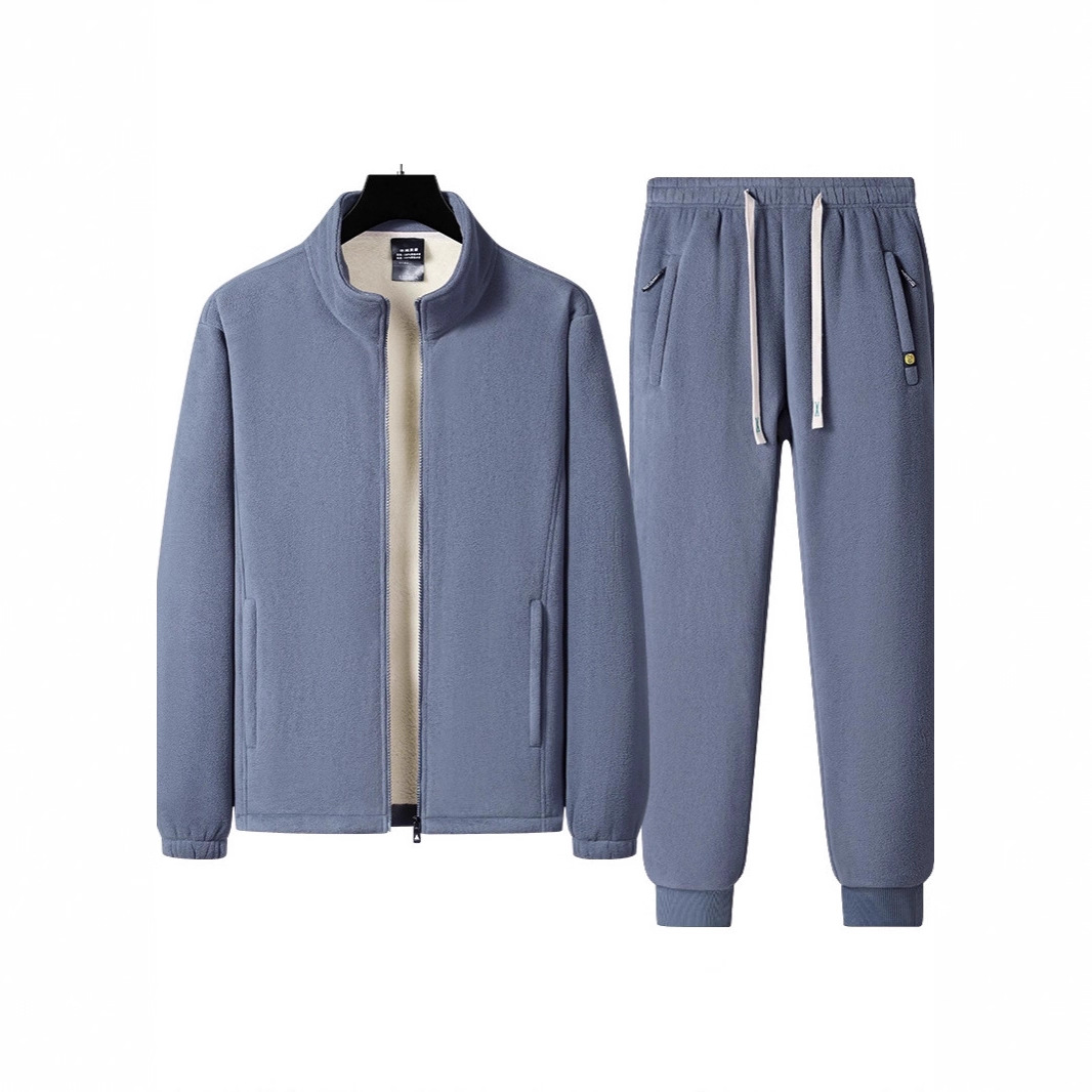 加绒加厚摇粒绒羊羔绒立领上衣外套休闲裤男保暖两件套北极绒冬季