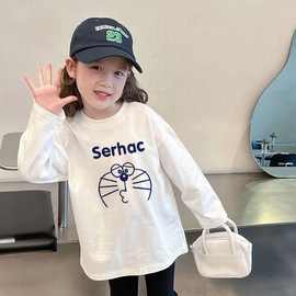 女童长袖上衣春秋装新款白色卡通印花圆领上衣宝宝洋气休闲打底衫