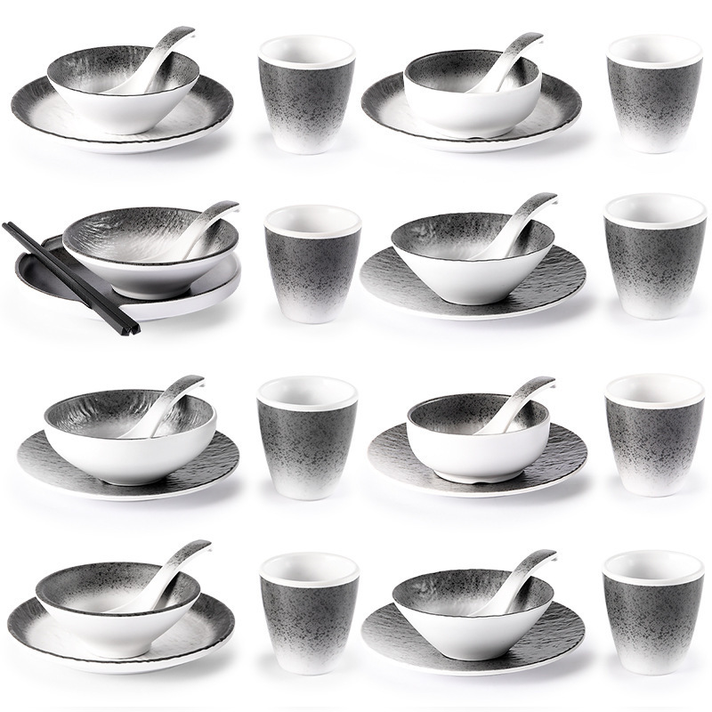 Japanese-style melamine tableware four-piece set for hotels, restaurant tableware set for hot pot restaurants, commercial thickened imitation porcelain bowls, plates, cups, and spoons Japanese-style melamine tableware four-piece set for hotels, restaurant tableware set for hot pot restaurants, commercial thickened imitation porcelain bowls, plates, cups, and spoons