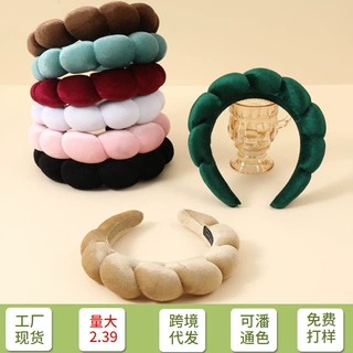 欧美跨境韩国绒云朵发箍女高颅顶麻花头箍洗脸手腕带套装发饰新款