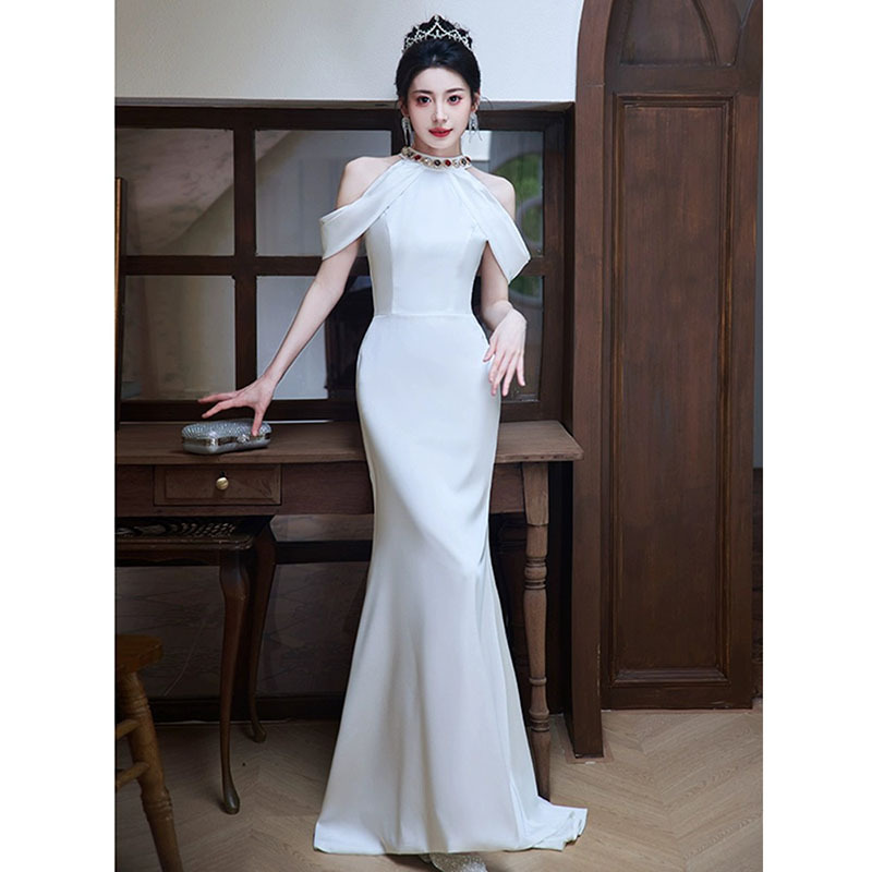 Cheongsam Evening Dress for Women, High-End Banquet, Accessible Luxury, Niche Classy Host, Satin Fishtail, White, Dignified and Elegant