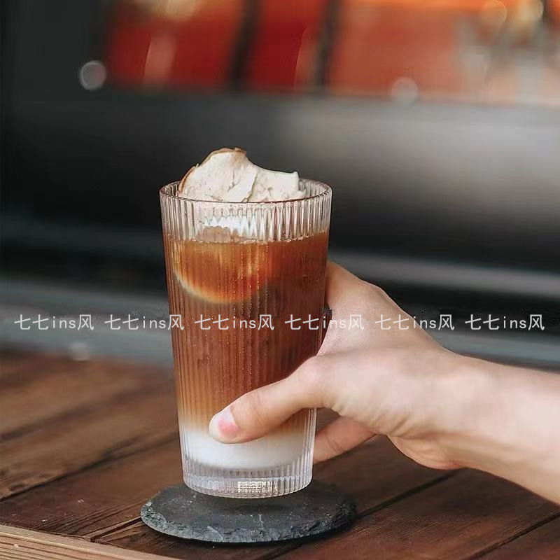 Ins-style coffee shop retro vertical striped iced Americano latte glass cup cold brew water glass cold drink cup