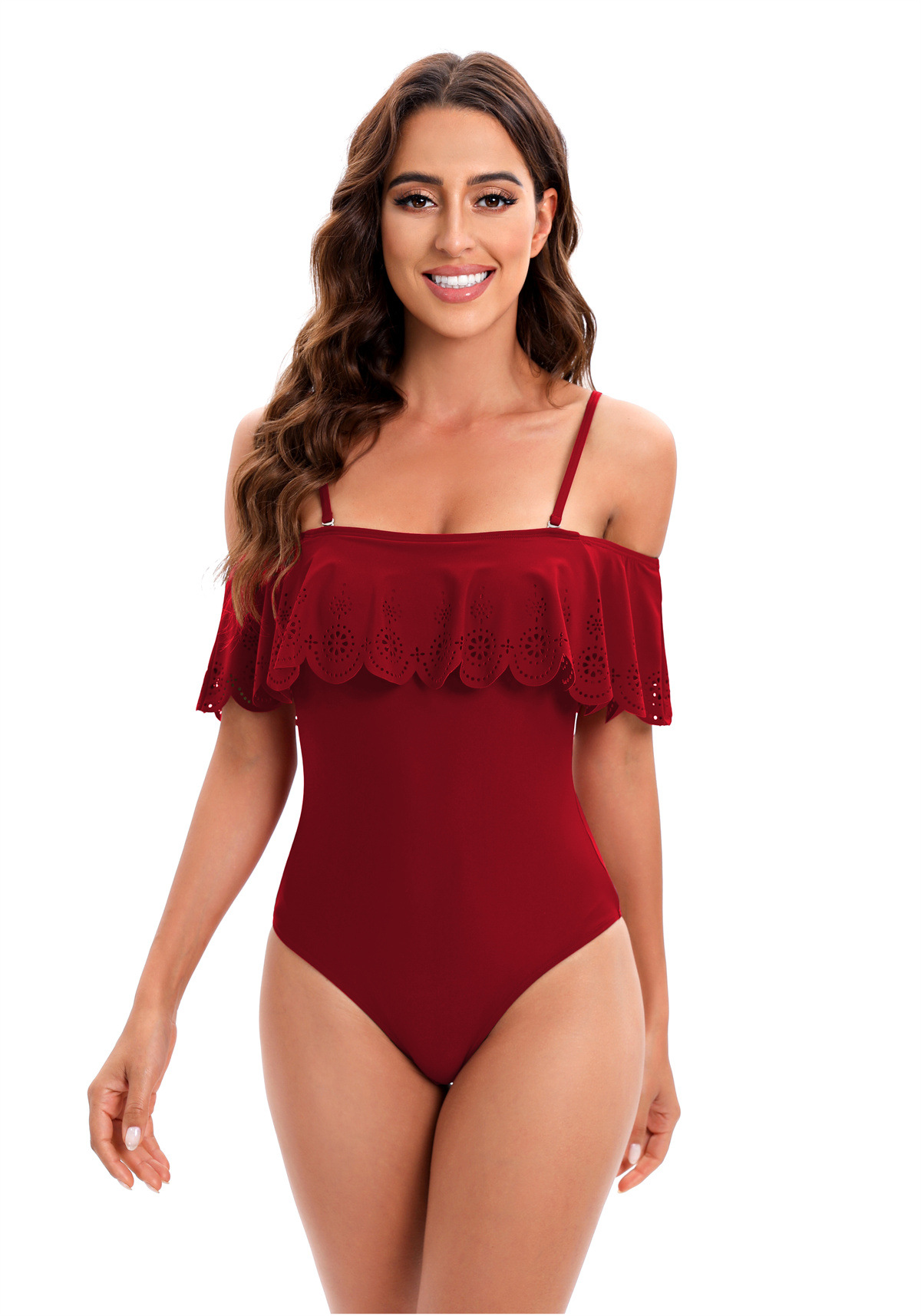 traje de baño de una pieza con volantes y cuello palabra de color sólido NSJHD121689